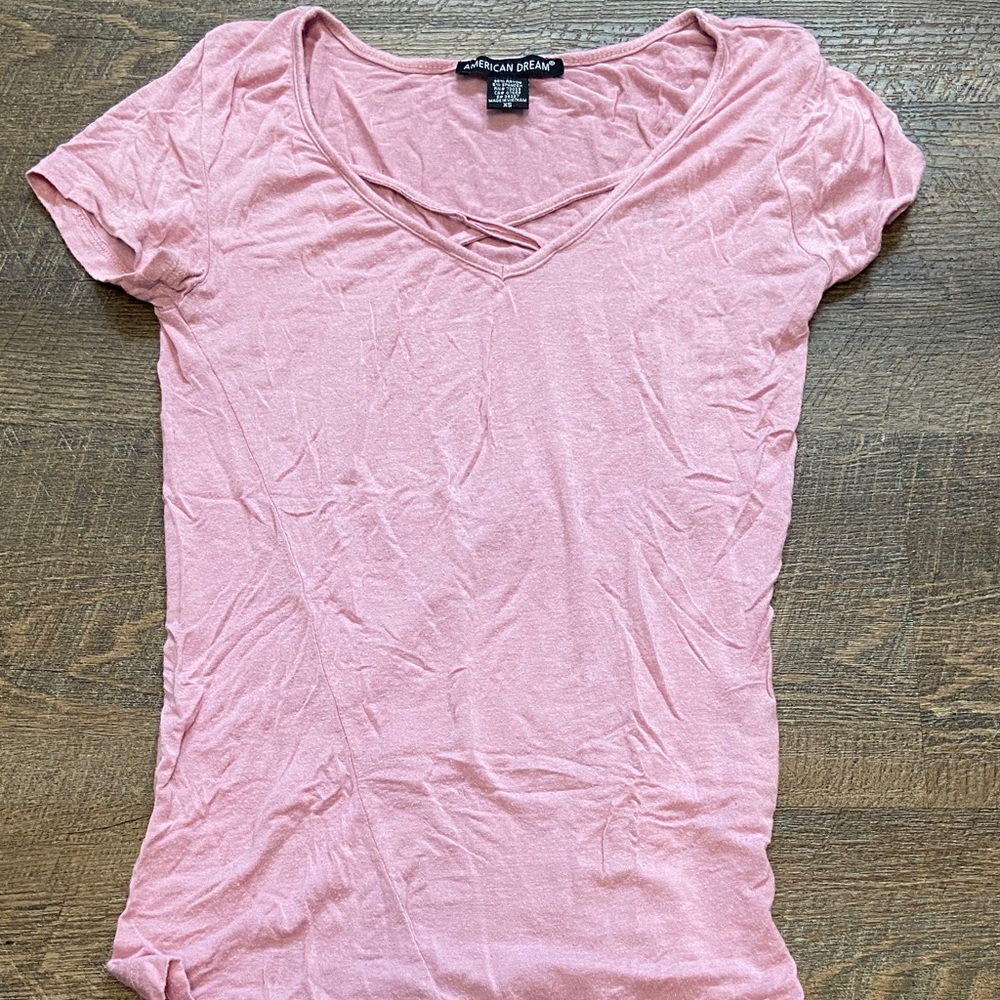 American Dream Light Pink Crisscross V-Neck Short Sleeve Tee